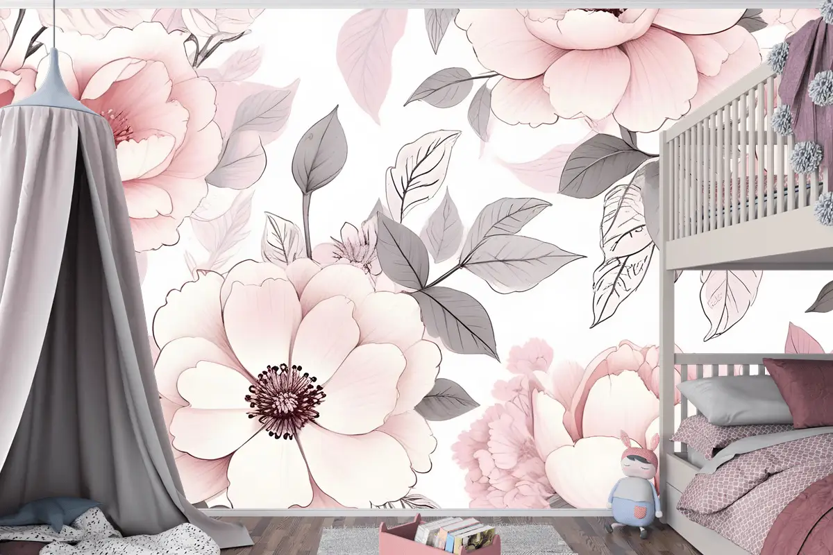 Çocuk Kreş Çiçek Pembe Gül Desenli Çocuk Odası Duvar Kağıdı