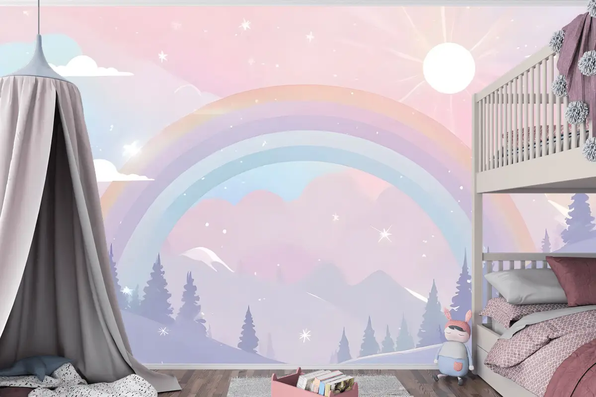 Renkli Dağlar Ve Parlak Yıldızlarla Çocuk Kreş Gökkuşağı Çocuk Odası Duvar Kağıdı