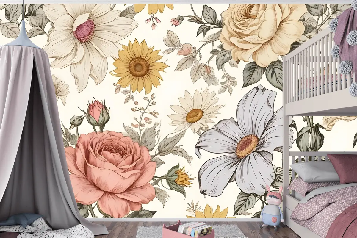 Çocuklar Şakayık Ve Papatya Çiçek Çocuk Odası Duvar Kağıdı