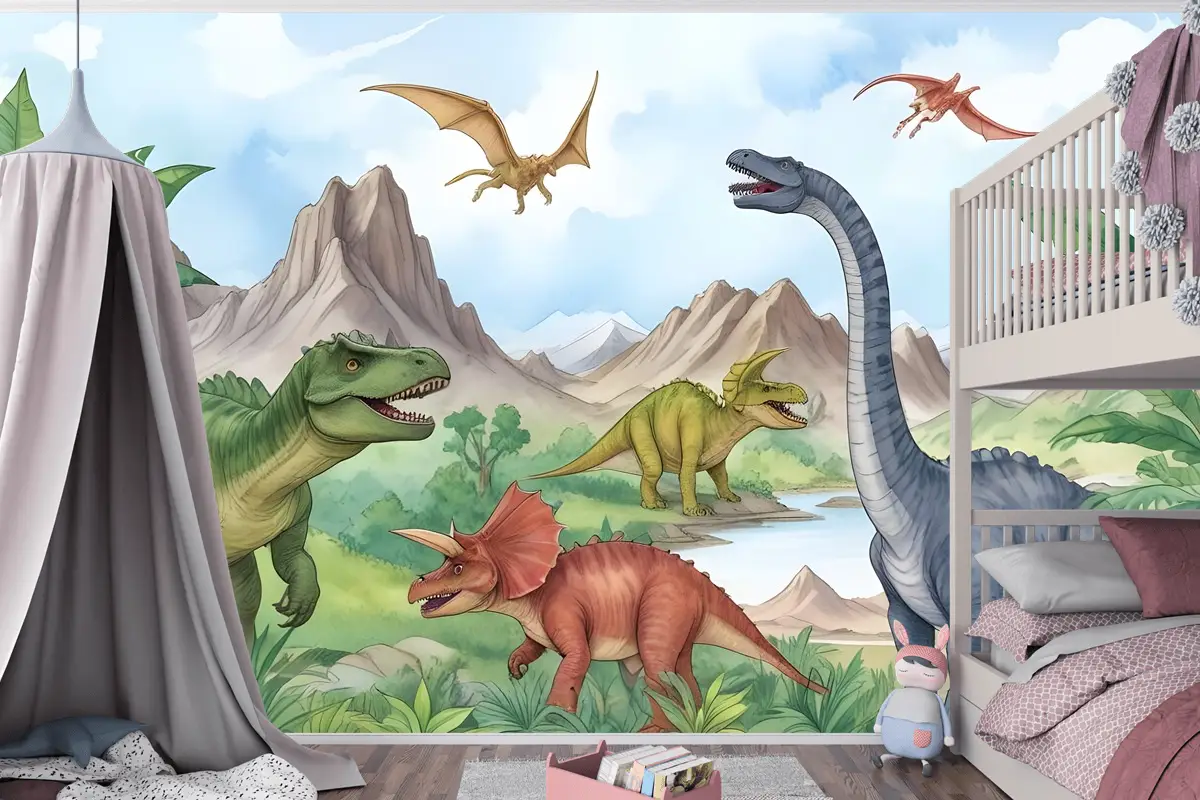 Çocuklar Tarih Öncesi Dinozor Çocuk Odası Duvar Kağıdı 