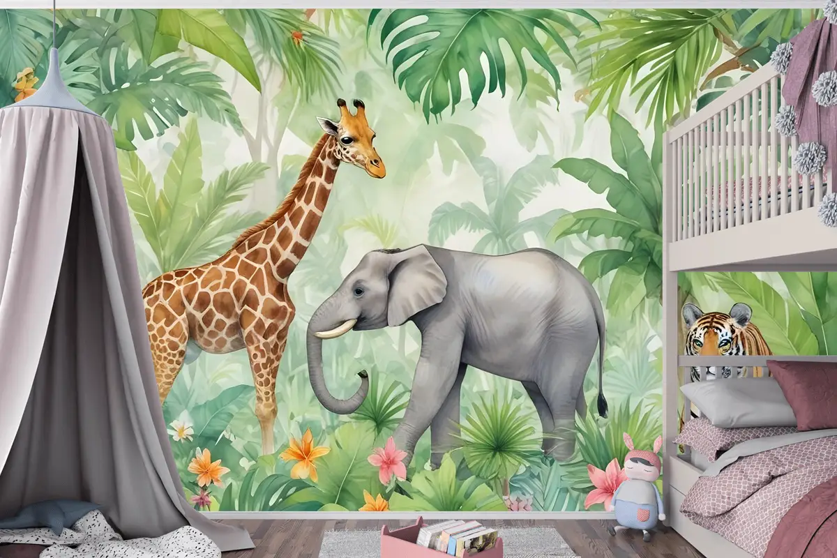 Çocuklar Safari Suluboya Tropikal Orman Orman Hayvanları Çocuk Odası Duvar Kağıdı