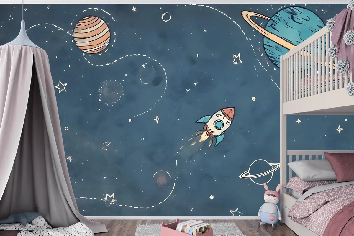 Beyaz Şerit Çocuk Odası Duvar Kağıdı  Ile Parlayan Karikatür Uzay Çocuklar