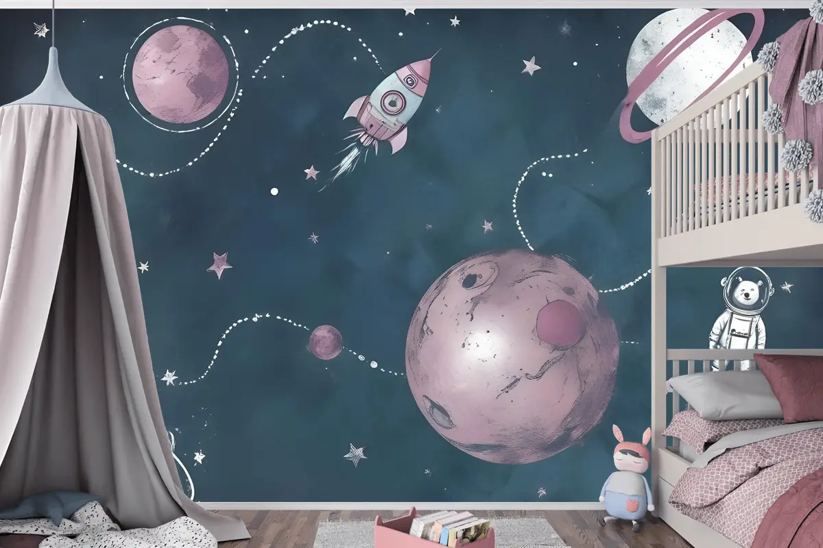 Suluboya Ayı Astronot Çocuk Odası Duvar Kağıdı Ile Uzay Parlayan Çocuklar