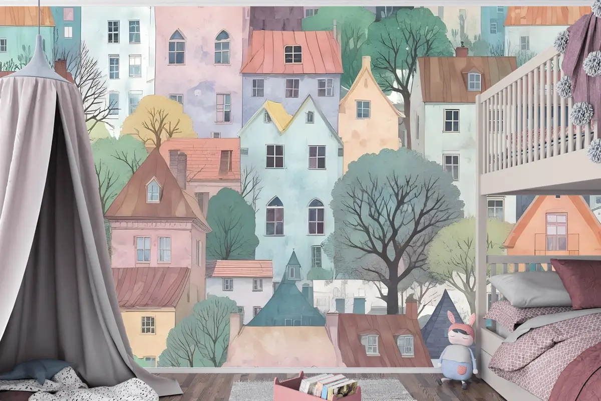 Çocuklar Küçük Kasaba Sevimli Suluboya Ev Çocuk Odası Duvar Kağıdı
