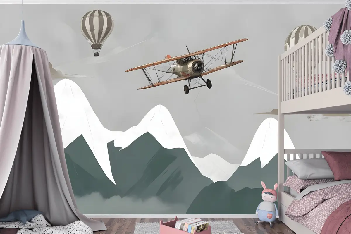 Çocuklar Uçak Ve Balonlarla Karlı Dağ Çocuk Odası Duvar Kağıdı