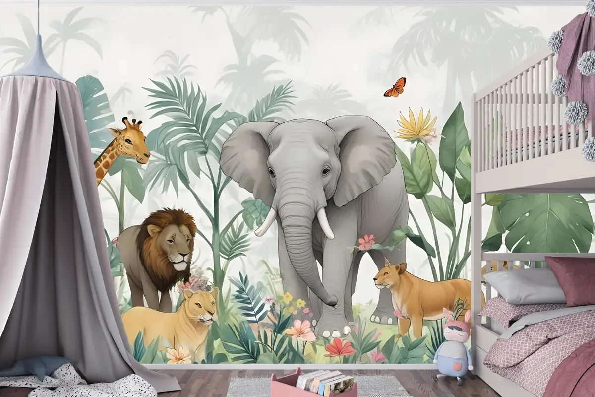 Yeşil Yapraklı Çocuklar Tropikal Safari Hayvanları Çocuk Odası Duvar Kağıdı