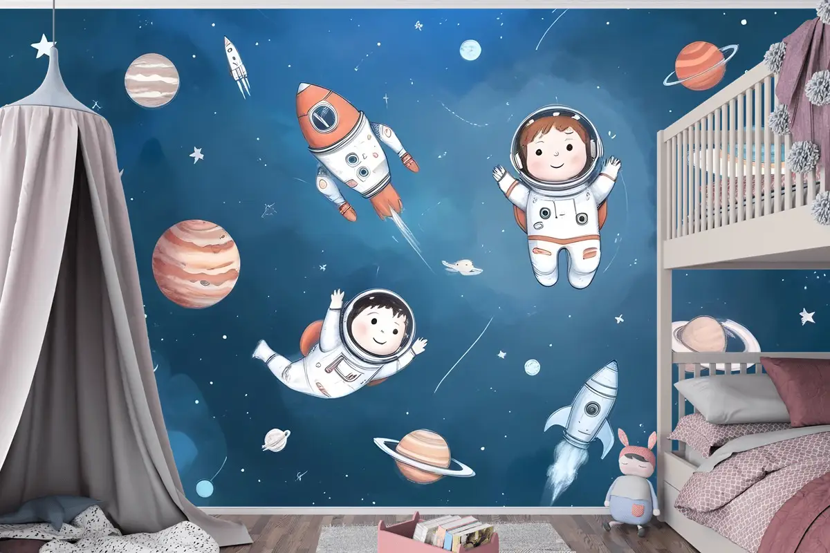 Gezegenler Çocuk Odası Duvar Kağıdı Ile Çocuklar Suluboya Uzay