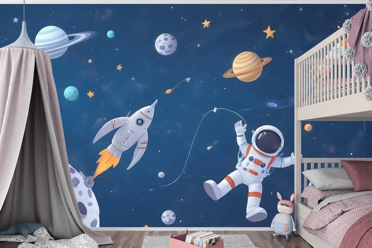 Uzay Gemisi Ve Astronotlu Çocuklar Suluboya Alanı Çocuk Odası Duvar Kağıdı