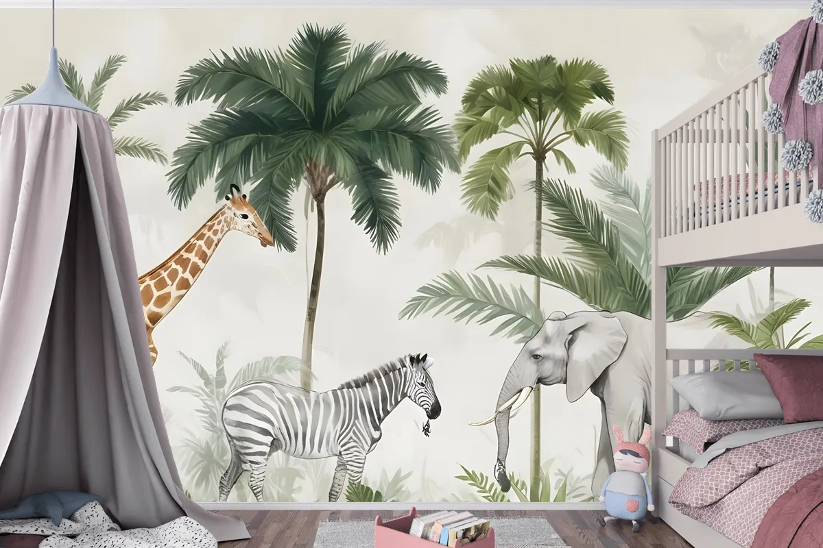 Palmiye Ağaçları Ile Çocuklar Vahşi Tropikal Hayvanlar Çocuk Odası Duvar Kağıdı