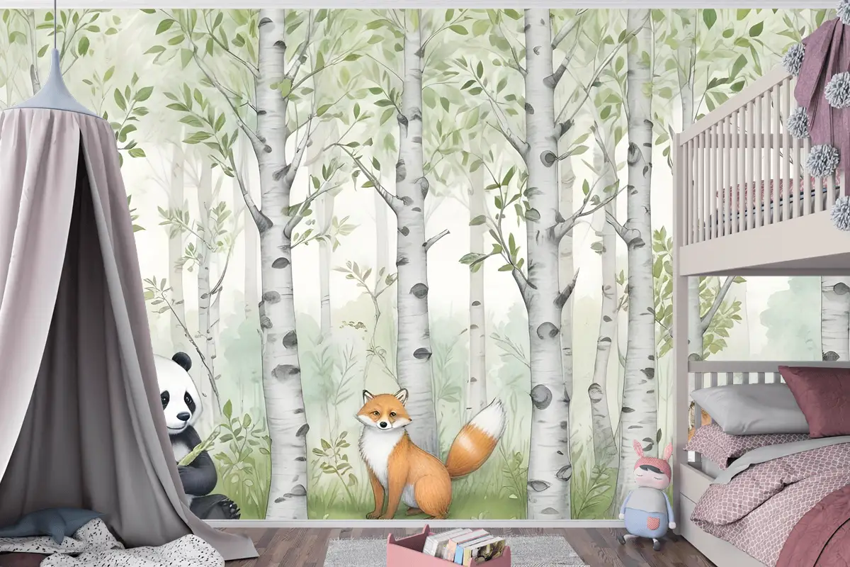 Ormandaki Çocuklar Orman Hayvanları Çocuk Odası Duvar Kağıdı