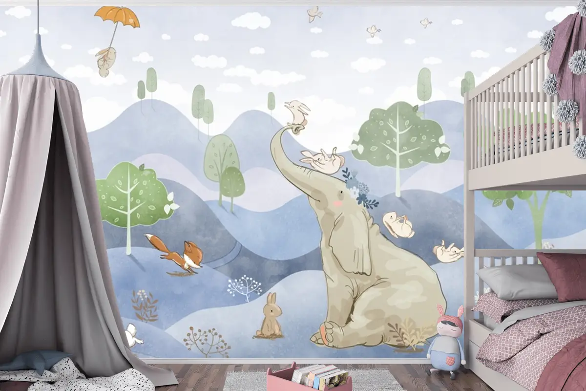 Kış Fil Tavşan Tilki  Sulu Boya Çocuk Odası Duvar Kağıdı