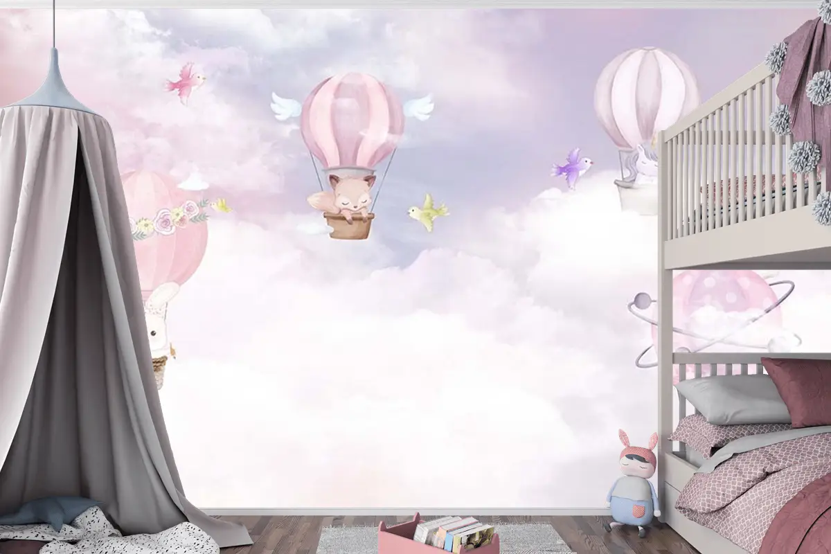 Çocuk Odası Duvar Kağıdı Balonlar Ve Sevimli Hayvanlar