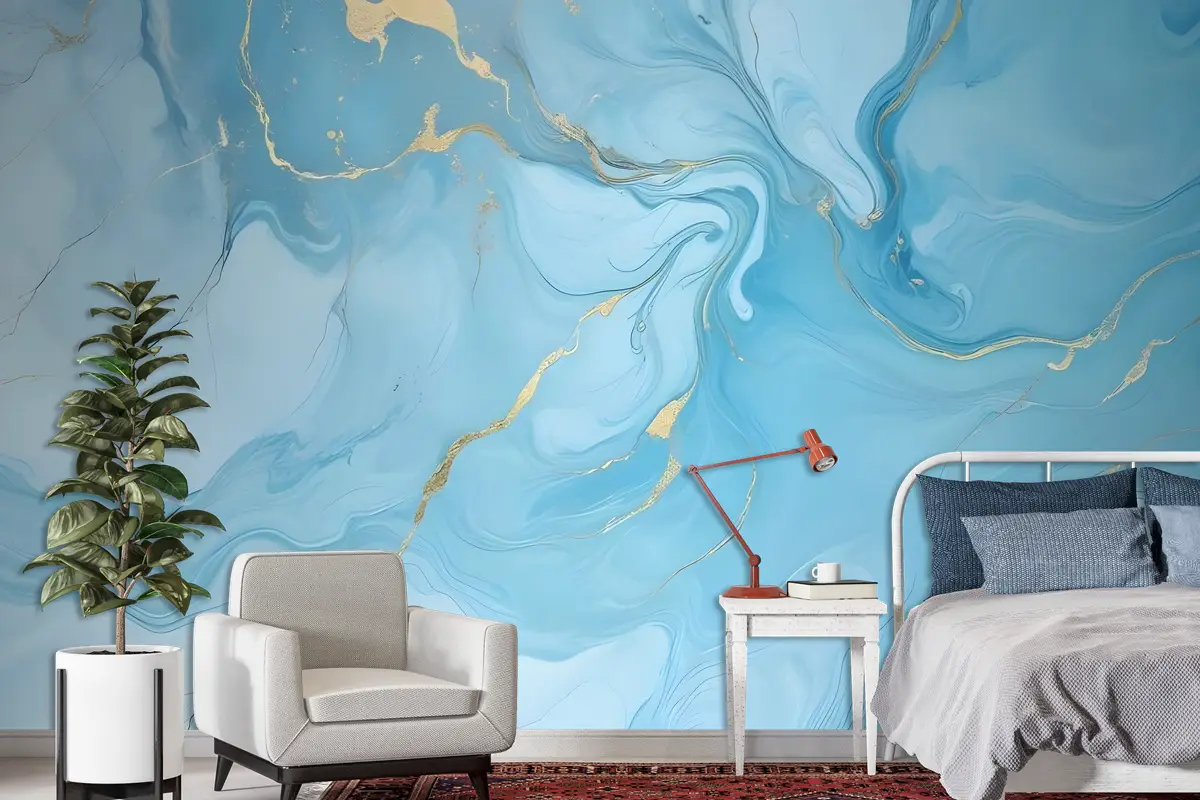 Altın Görünümlü Açık Mavi Mermer Splash Duvar Kağıdı