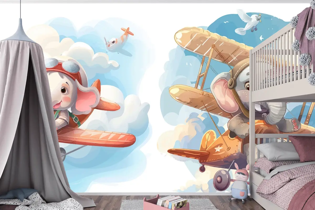 Uçaktaki Küçük Fil Çocuk Odası Duvar Kağıdı 