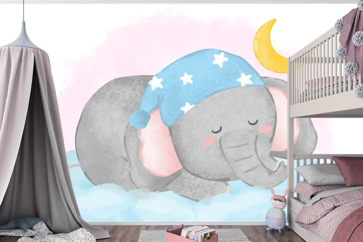 Suluboya Çocuk Odası Duvar Kağıdı Nde Bulutun Üzerinde Uyuyan Güzel Fil