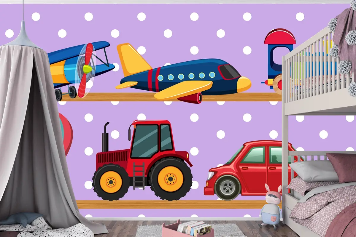 Ahşap Raflarda Birçok Taşıma Oyuncakları Çocuk Odası Duvar Kağıdı