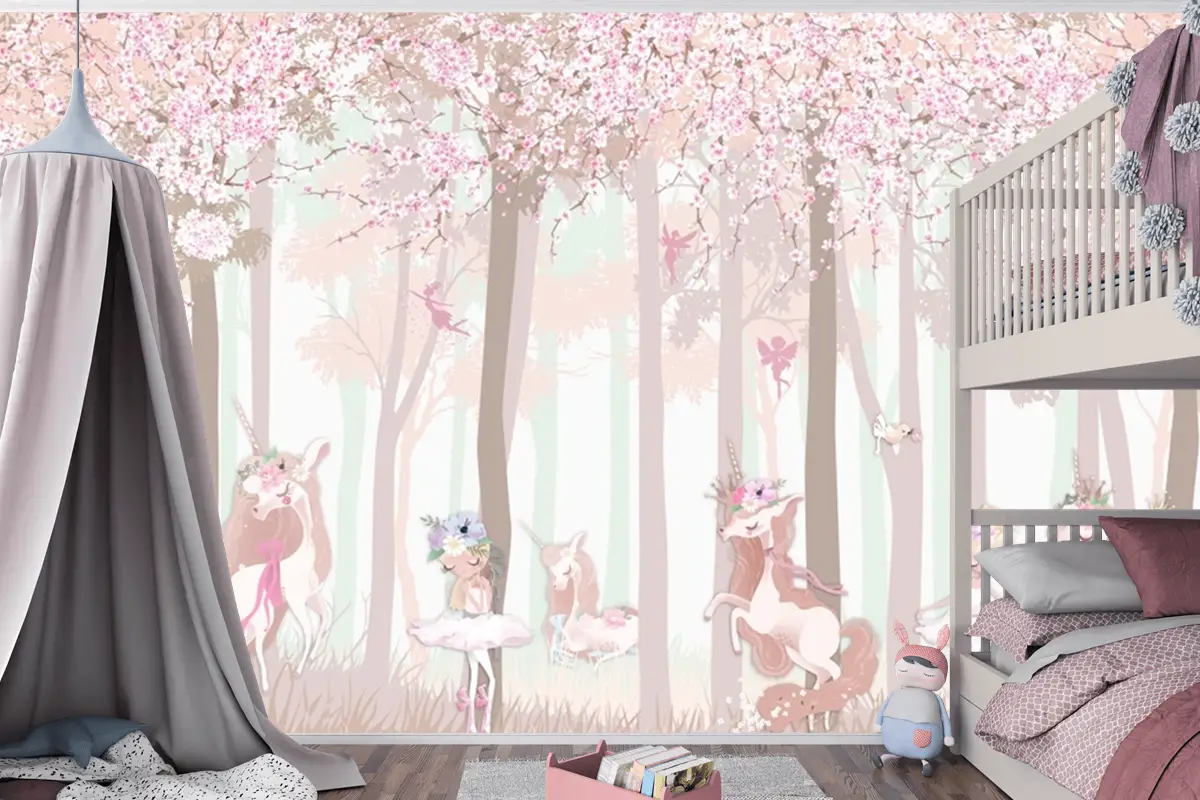Masal Unicorn Pembe Orman Çocuk Odası Duvar Kağıdı