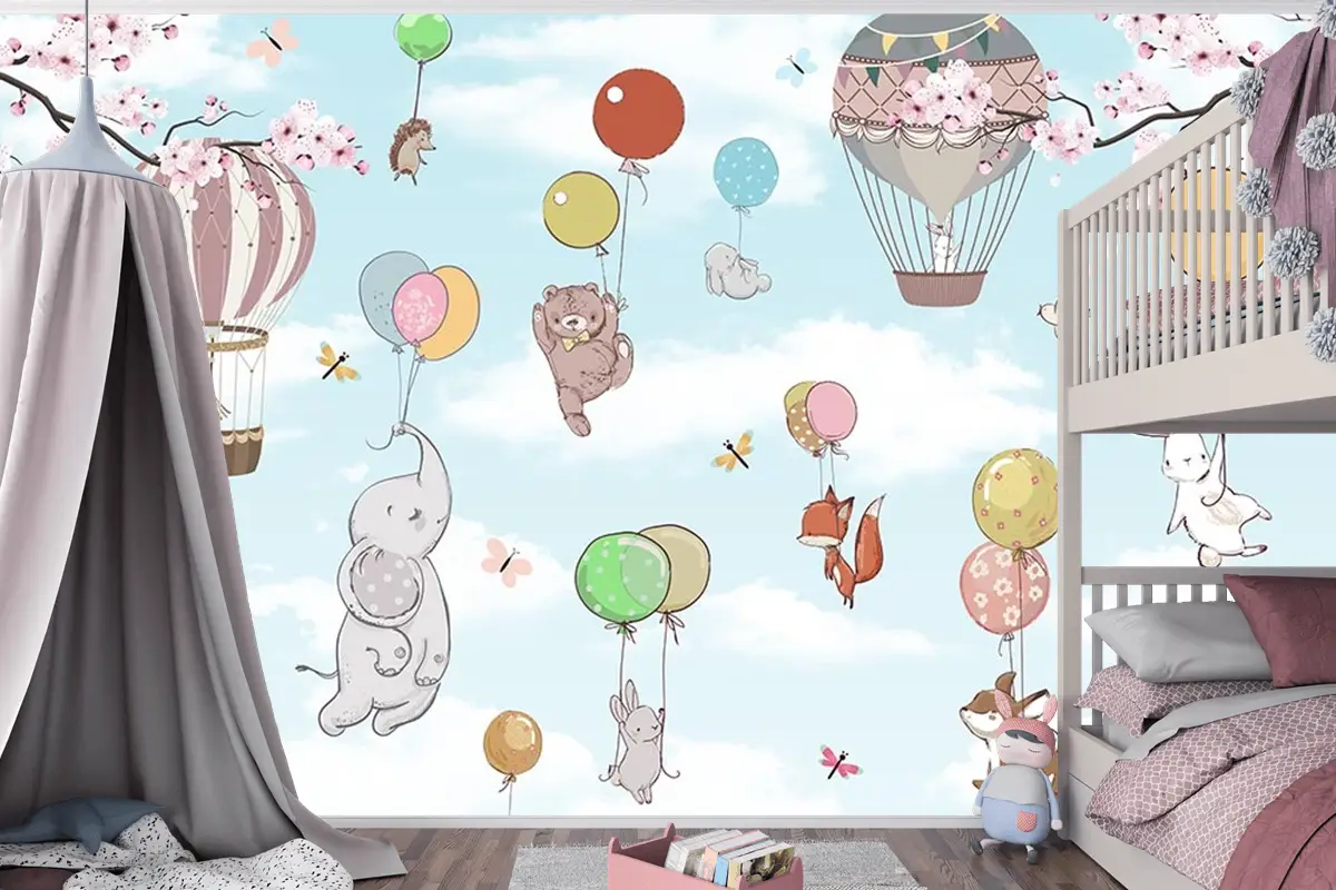 Mavi Gökyüzünde Balonlara Asılan Sevimli Hayvanlar Çocuk Odası Duvar Kağıdı