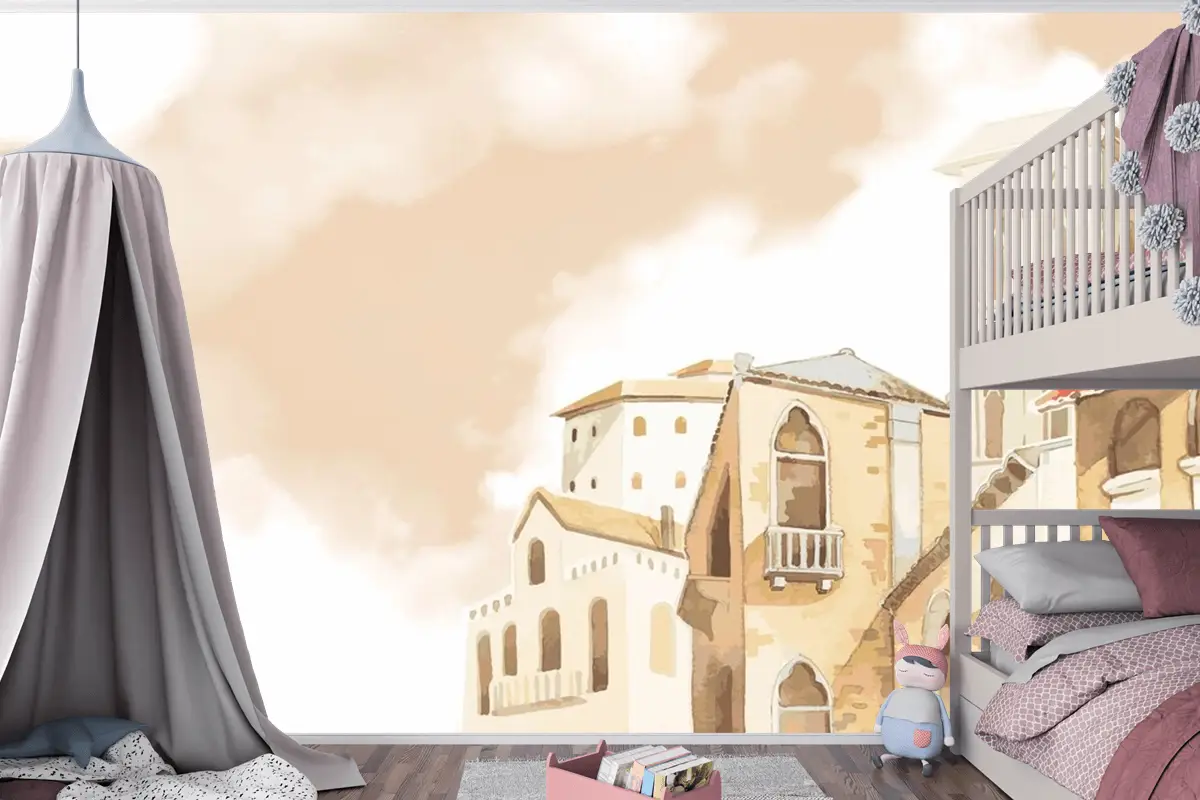 Akdeniz Şehir Binası Dış Su Renk Stili Çocuk Odası Duvar Kağıdı 