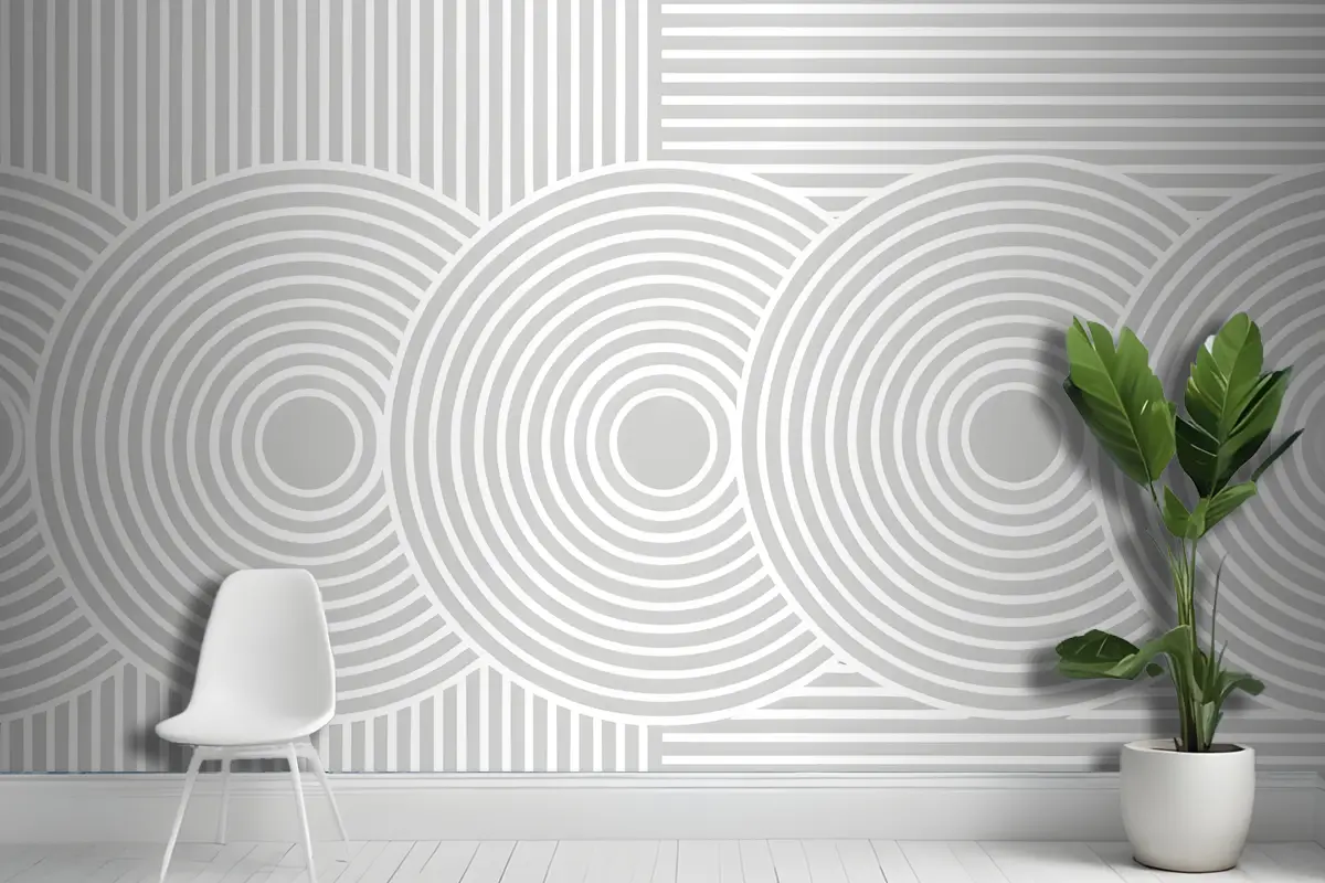 Gri Tonlarında Eşmerkezli Dairelerin Ve Dikey Çizgilerin Minimalist Soyut Geometrik Desenleri Antre  Hol  Koridor Duvar Kağıdı