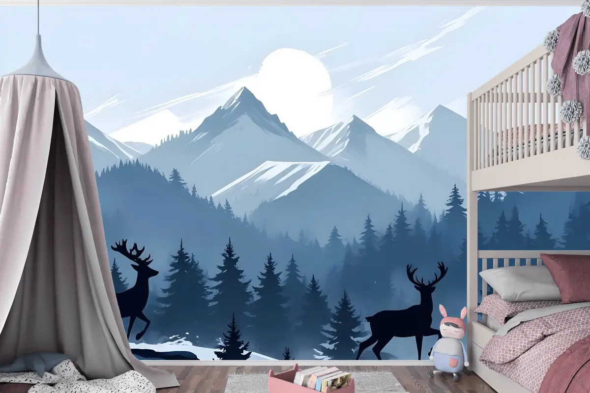 Çocuklar Için Boynuzlu Geyik Silueti Ile Tek Renkli Koyu Mavi Karlı Orman Çocuk Odası Duvar Kağıdı