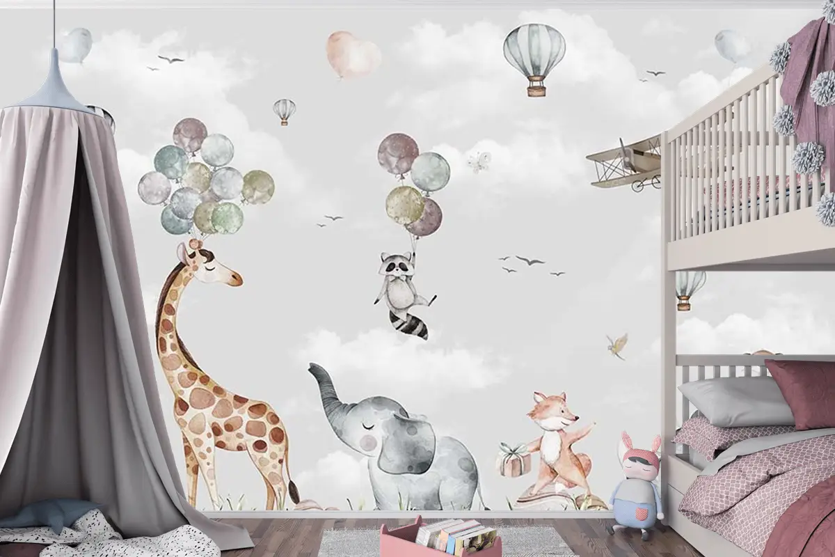 Mutlu Hayvanların Renkli Dünyası Çocuk Odası Duvar Kağıdı