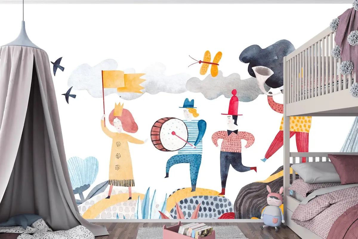 Neşeli Kortej ve Renkli Karakterler Çocuk Odası Duvar Kağıdı