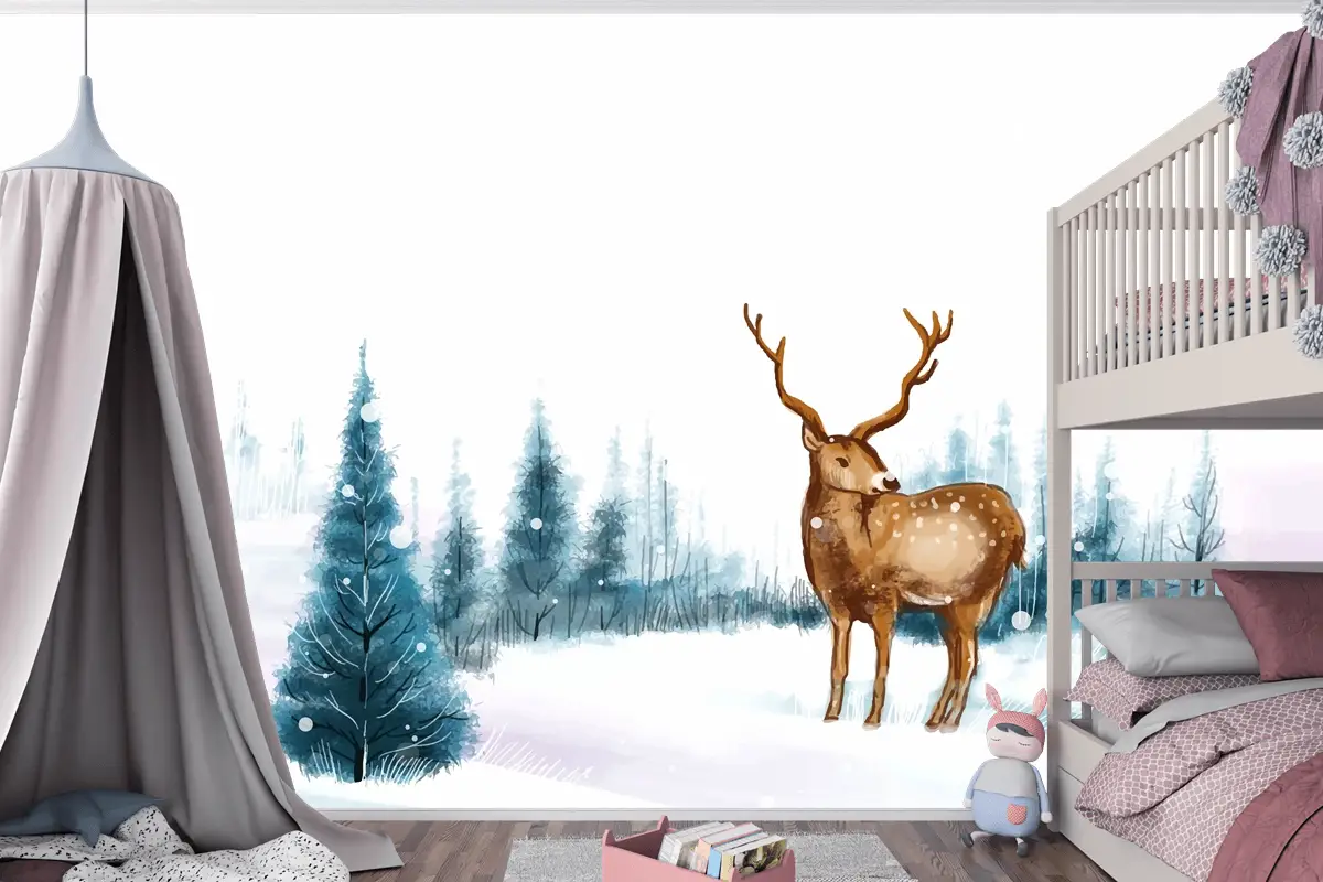Ren Geyiği Çocuk Odası Duvar Kağıdı  Ile Yeni Yıl Ve Noel Ağacı Kış Manzarası Arka Plan