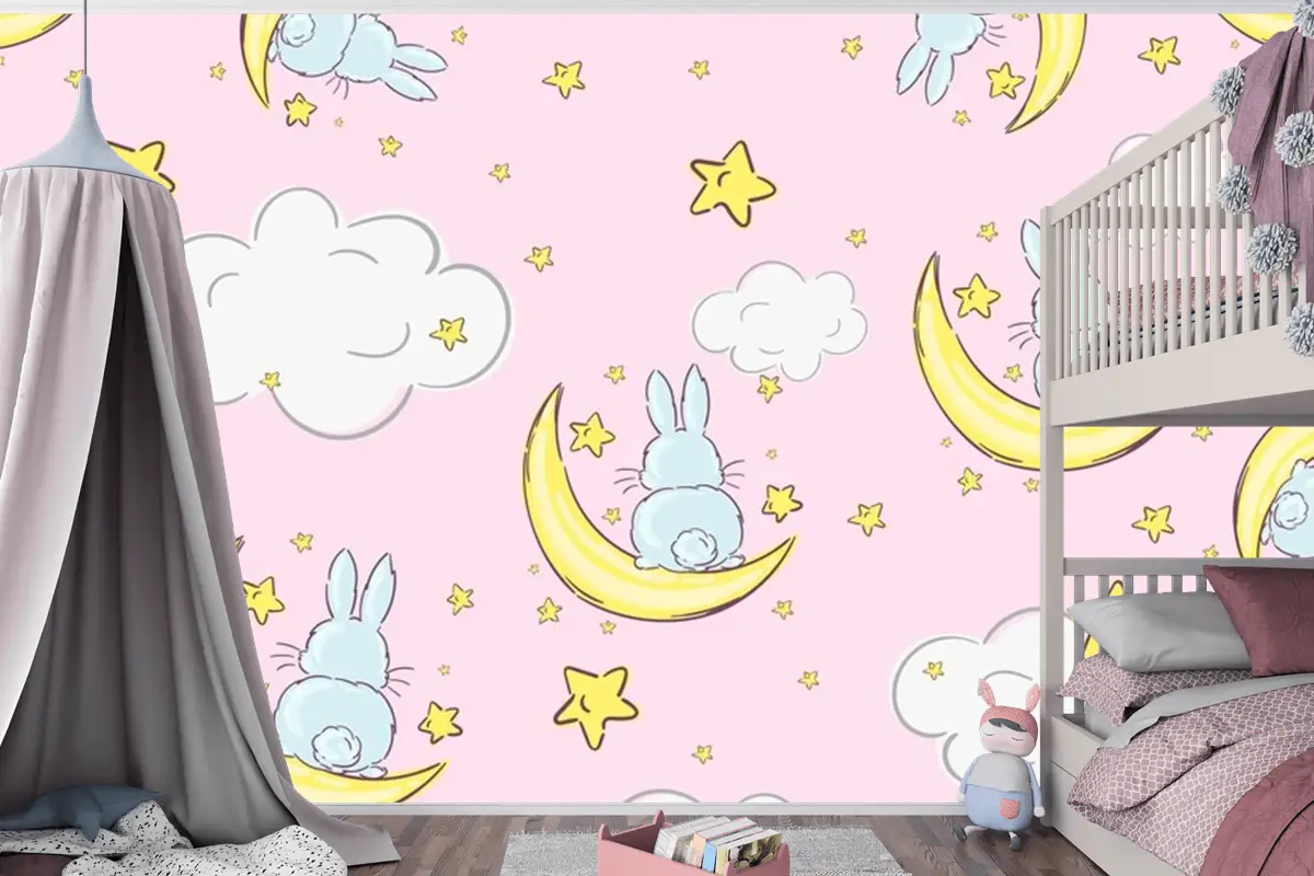 Ayların Ve Yıldızların Üzerinde Oturan Sevimli Tavşanlarla Gece Gökyüzü Doodle Deseni Sorunsuz Çocuk Odası Duvar Kağıdı