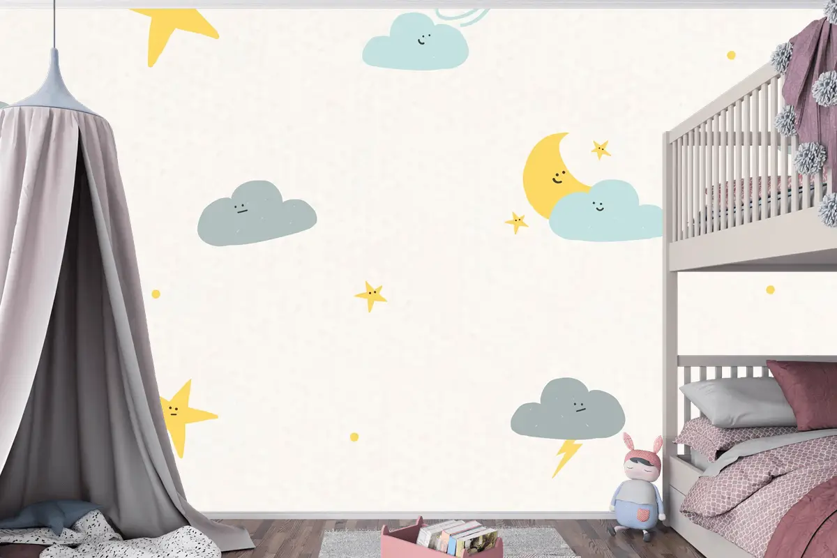 Gece Gökyüzü Kusursuz Desenli Hava Durumu Doodle Arkaplanı Çocuklar İçin Çocuk Odası Duvar Kağıdı