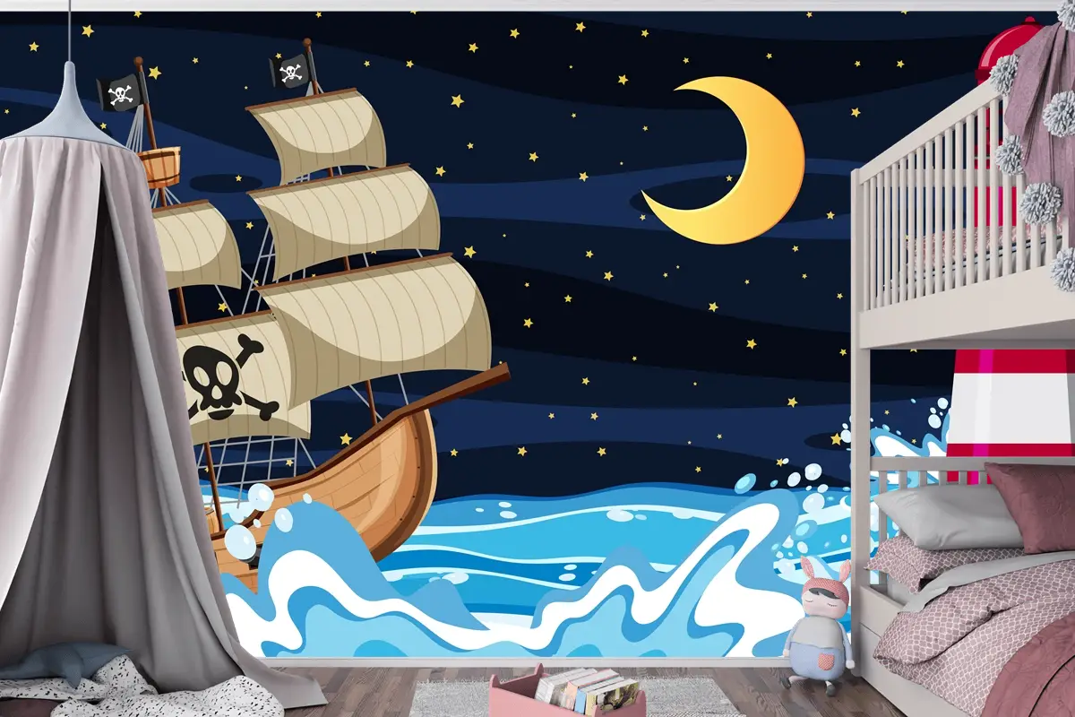 Karikatür Tarzında Korsan Gemisi Ile Gece Okyanus Sahnesi Çocuk Odası Duvar Kağıdı