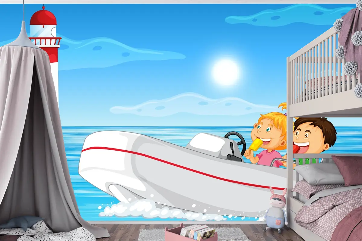 Motorlu Teknede Çocuklu Okyanus Manzarası Çocuk Odası Duvar Kağıdı