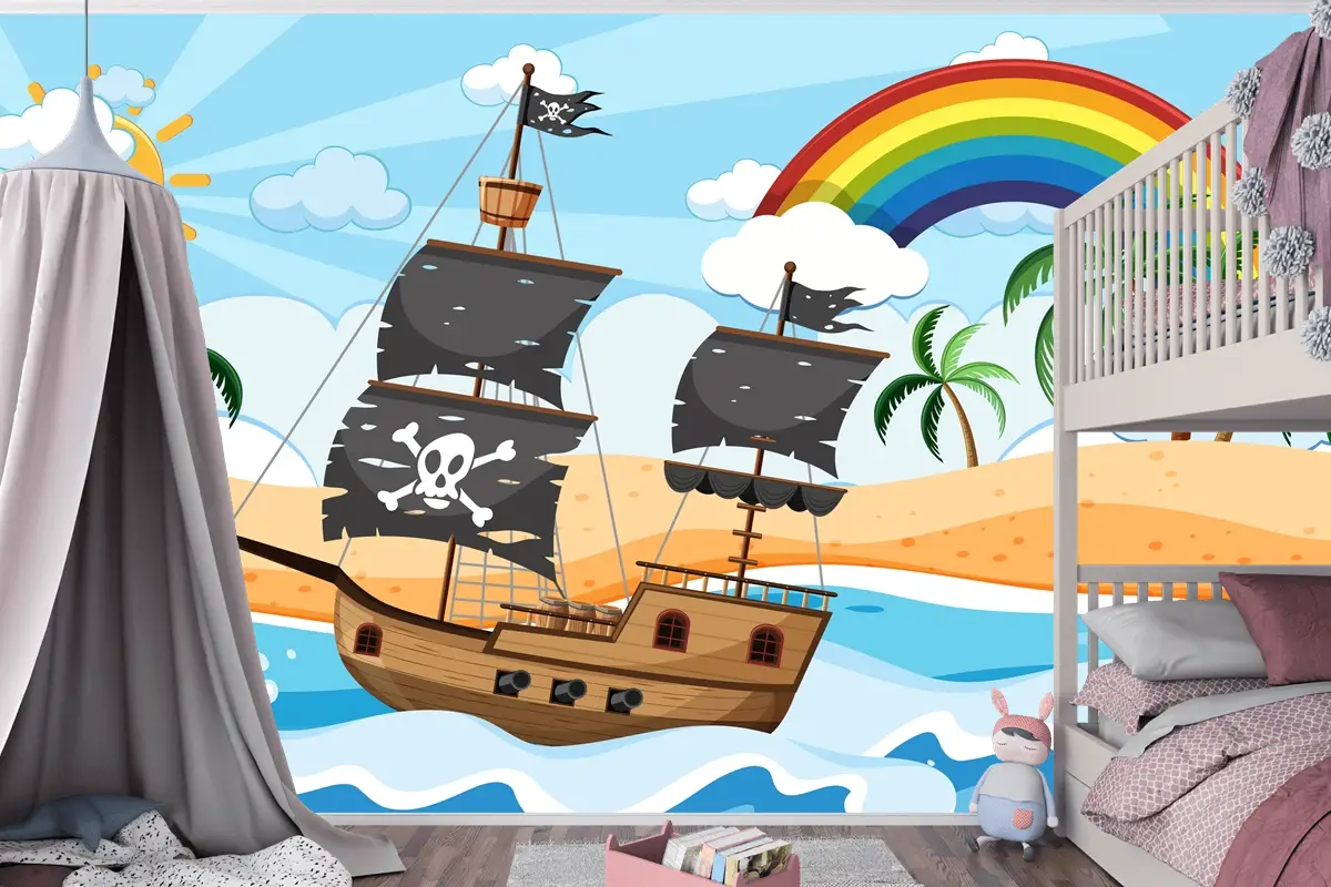 Karikatür Tarzı Çocuk Odası Duvar Kağıdı Duvarında Gündüz Sahnesinde Korsan Gemisi Ile Okyanus