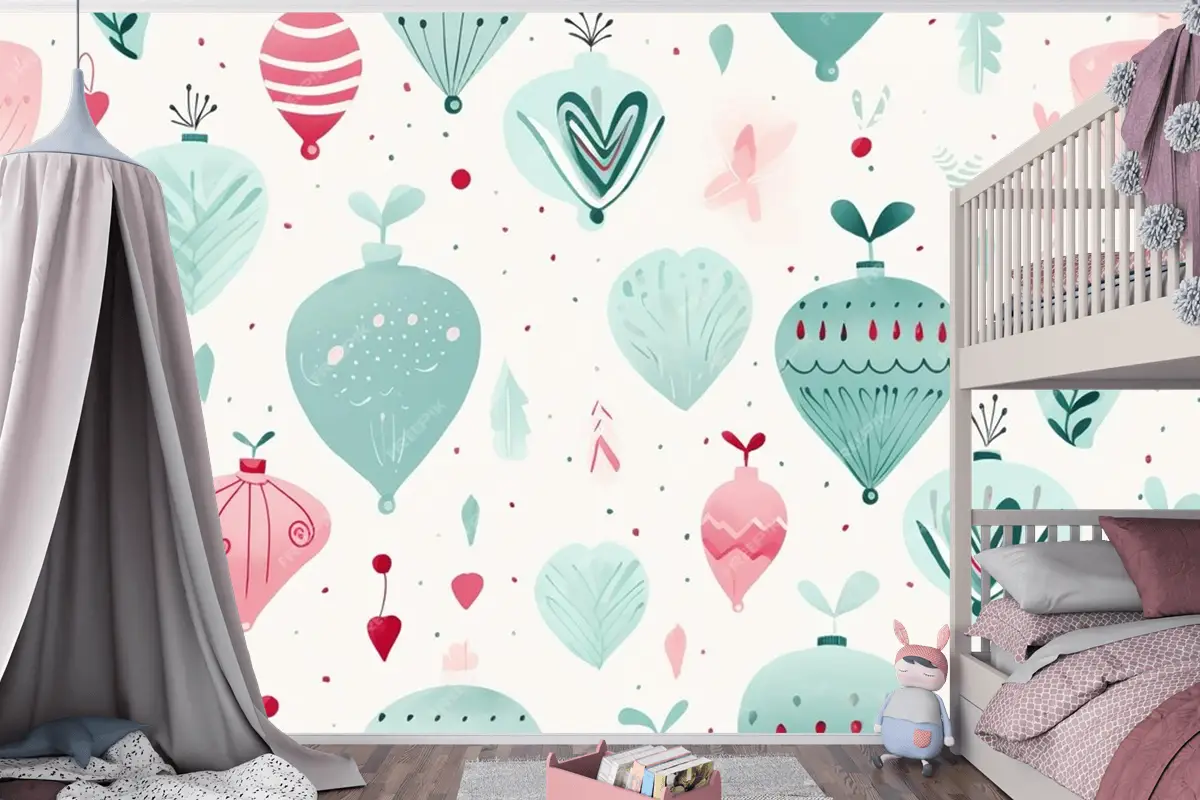 Ağaç Ve Süslerle Renkli Noel Kusursuz Deseni Modern Canlı Sonsuz Çocuk Odası Duvar Kağıdı