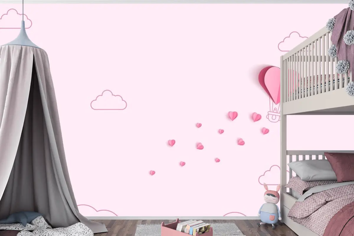 Origami Yapımı Sıcak Hava Balonu Ve Bulut Çocuk Odası Duvar Kağıdı