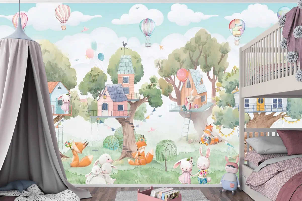 Orman Ağaçevleri ve Şenlikçi Hayvanlar Çocuk Odası Duvar Kağıdı