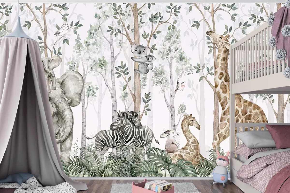 Ormanda Ağaçlar Arasında Sevimli Hayvanlar Çocuk Odası Duvar Kağıdı