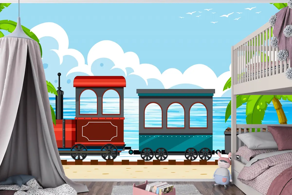 Buharlı Lokomotif Treni Boys Çocuk Odası Duvar Kağıdı  Ile Açık Hava Sahnesi