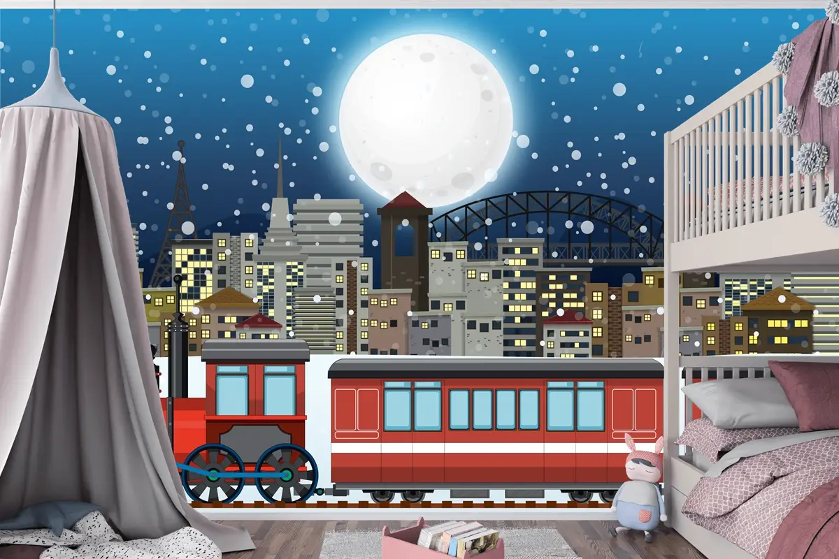 Buharlı Lokomotif Treni Ile Açık Hava Sahnesi Çocuk Odası Duvar Kağıdı