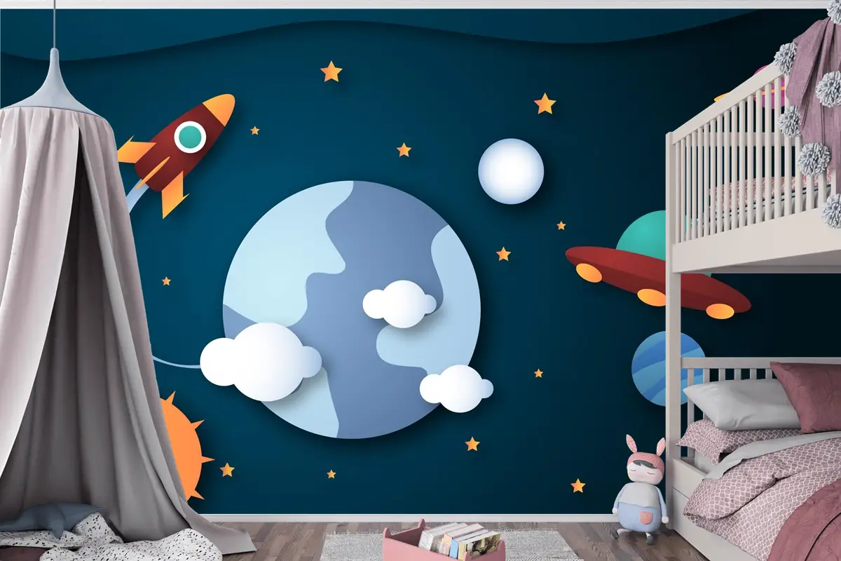 Kağıt Stili Galaxy Arka Plan Çocuk Odası Duvar Kağıdı 