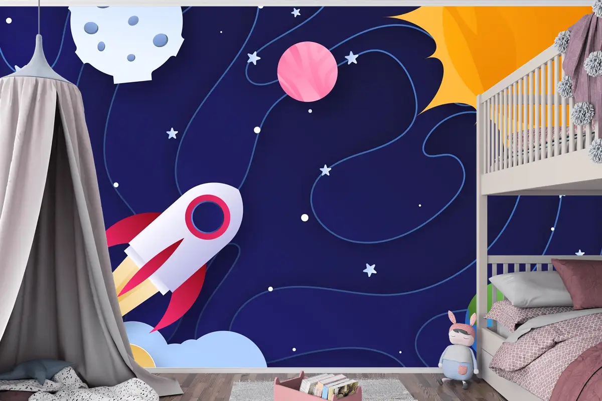 Kağıt Stili Galaxy Çocuk Odası Duvar Kağıdı