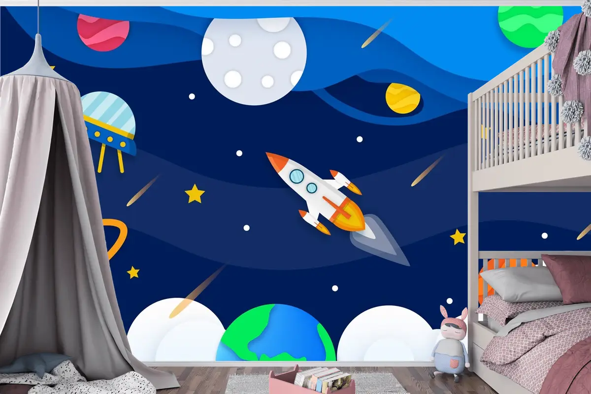 Roket Çocuk Odası Duvar Kağıdı  Ile Kağıt Tarzı Galaksi