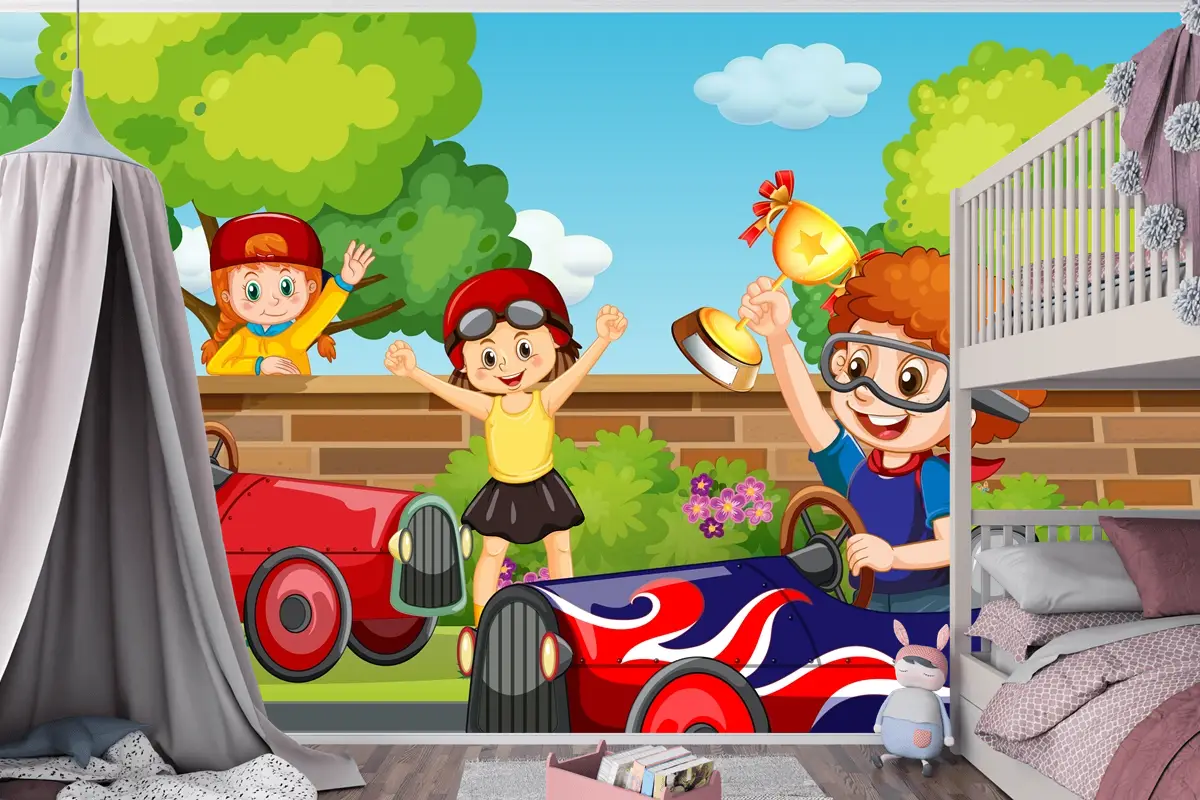 Çocuk Araba Yarışı Çocuk Odası Duvar Kağıdı  Ile Park Sahnesi