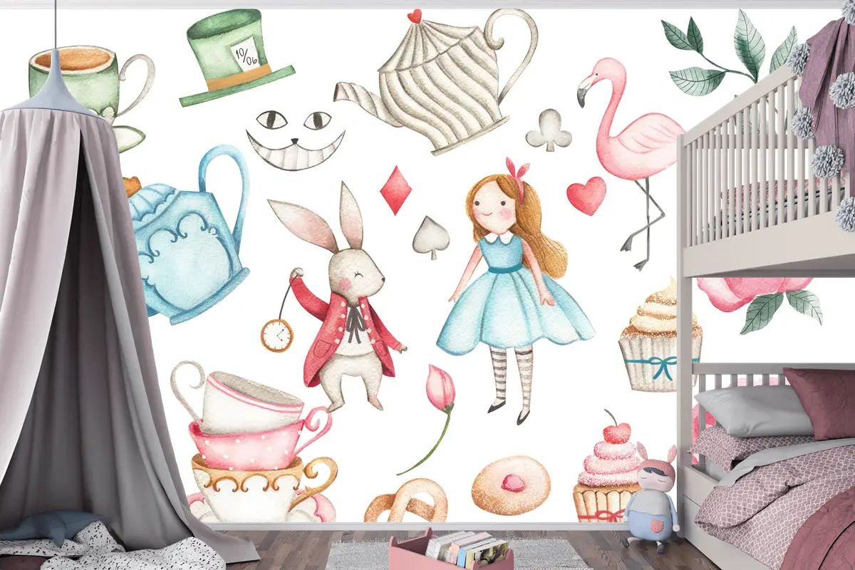 Pastel Alice Masalı ve Çay Saati Çocuk Odası Duvar Kağıdı