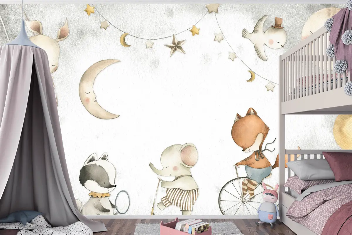 Pastel Ay, Fil ve Tilki Oyun Sahnesi Çocuk Odası Duvar Kağıdı
