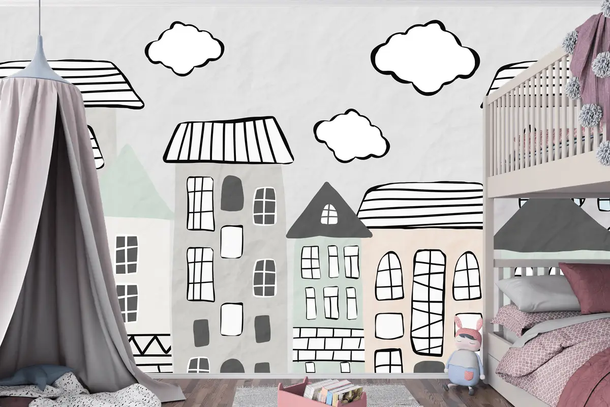 Pastel Bulutlar ve Şehir Evleri Çocuk Odası Duvar Kağıdı