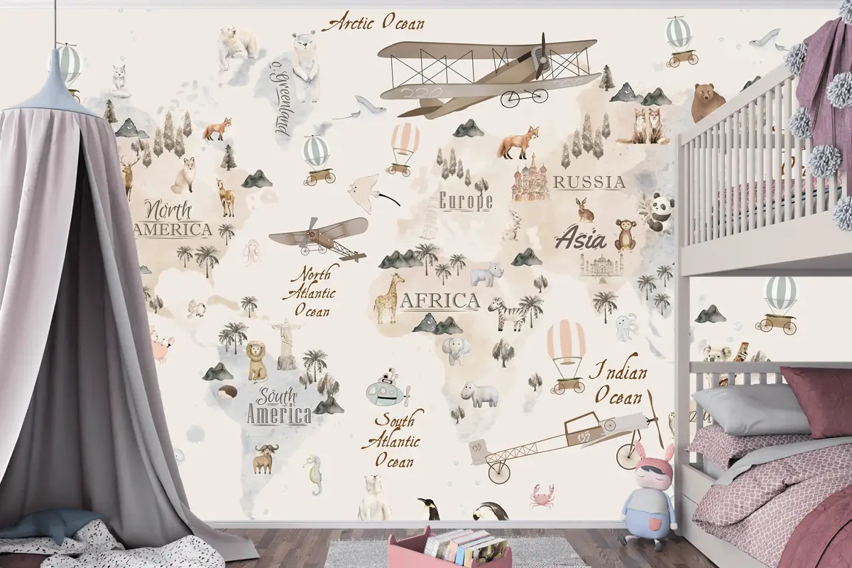 Pastel Dünya Haritası Eğitici ve Eğlenceli Çocuk Odası Duvar Kağıdı