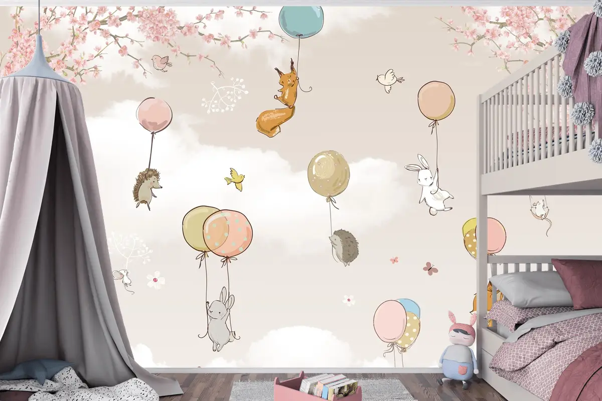 Pastel Sıcak Hava Balonları ve Orman Hayvanları Çocuk Odası Duvar Kağıdı