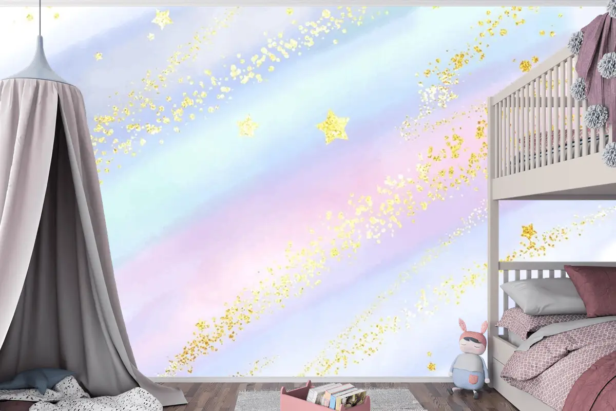 Işıltılı Altın Yıldızlar Ve Konfeti Ile Pastel Suluboya Arka Plan Çocuk Odası Duvar Kağıdı