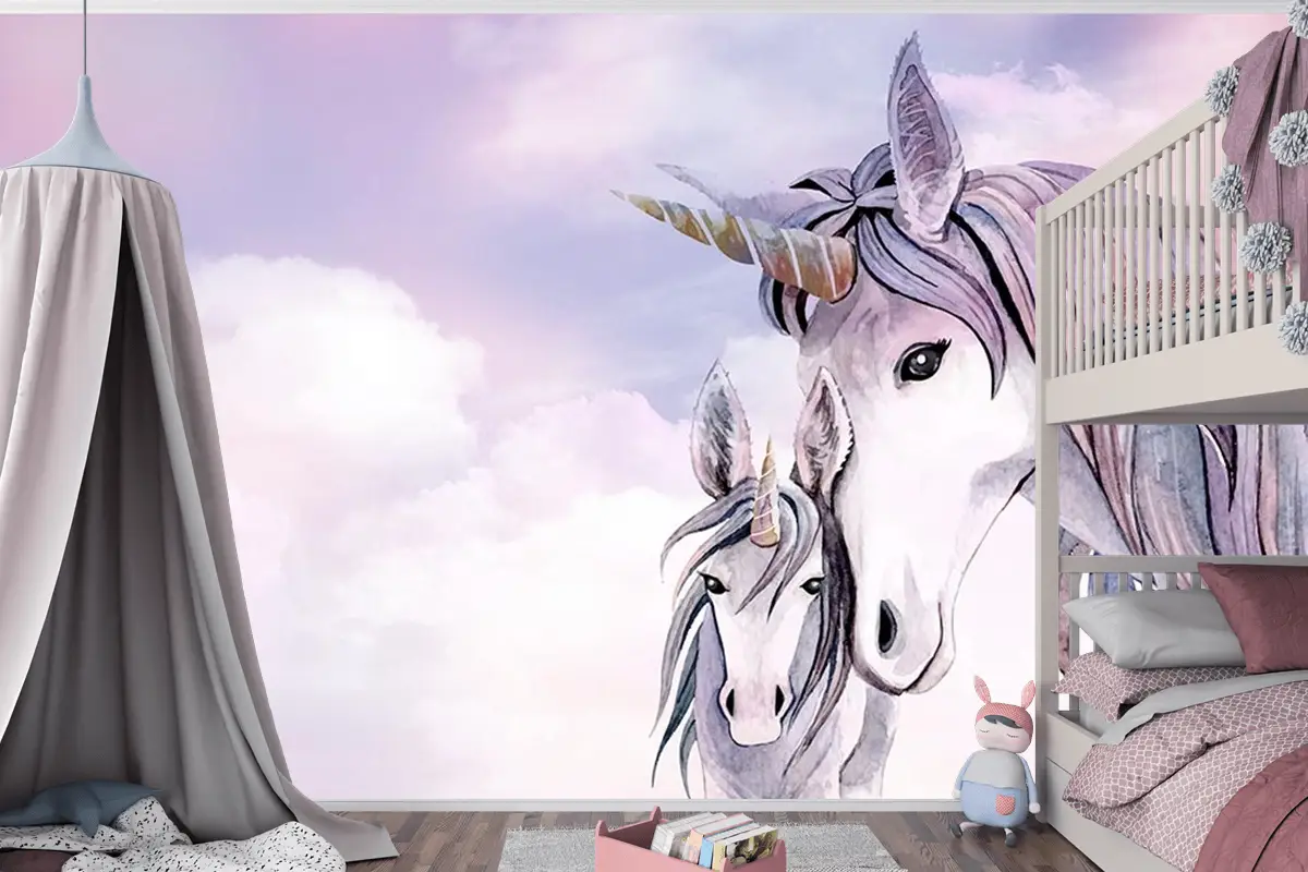 Pembe Bulutlar Üzerinde Unicorn Çocuk Odası Duvar Kağıdı
